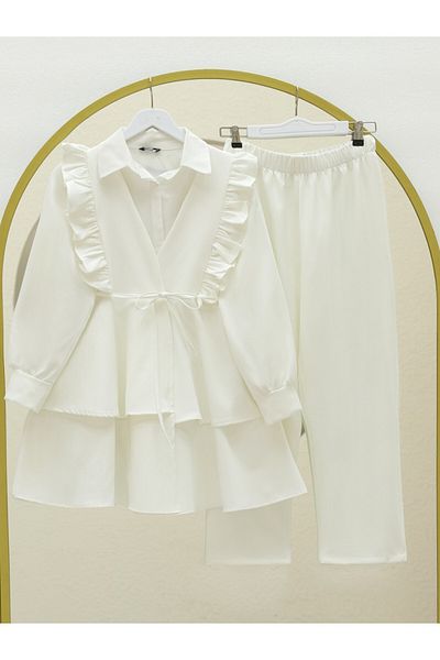 Modamorfo Kimono Suit with Ruffled Front, Lace-Up Skirt and Layered Trousers - White