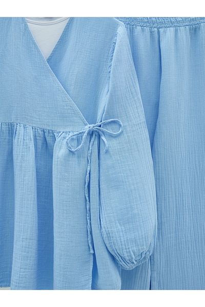 Modamorfo Muslin Suit with Elastic Sleeves and Lace-Up - Blue
