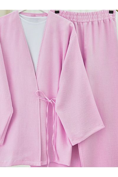 Modamorfo Kimono Suit with Tie Front Trousers -Pink