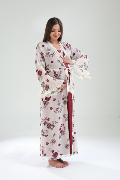 Lohussa Women's Burgundy Flounced Design Patterned Lace Full Length Maternity Maternity Dressing Gown Nightgown Set