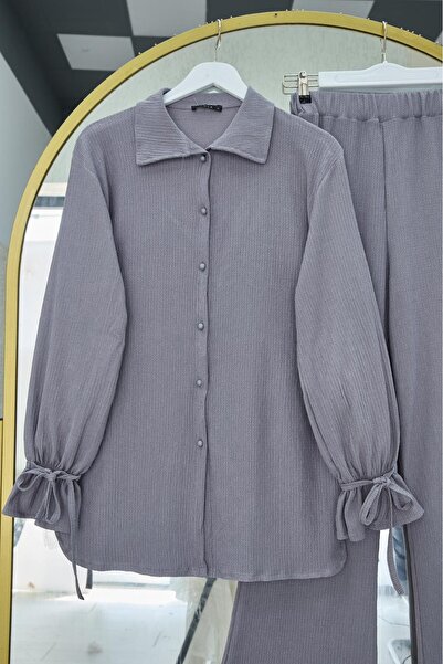 Modamorfo Top Buttoned Sleeve Lace up Crinkle Suit - Gray