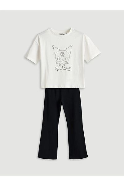 LC Waikiki Lcw kids ecru bicycle collar kuromi stone girl child t-shirt and leggings