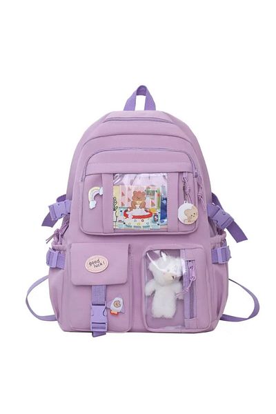 Minga London Kawaii Japanese Style School Backpack with Accessories and Teddy Bear Lilac -Minga London