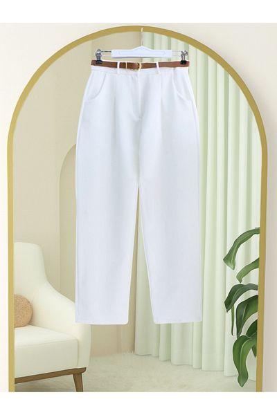 Modamorfo Pleated Pocket Belted Ankle Trousers -White