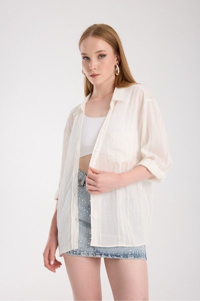 amurpars Oversized Draped Transparent Women's Shirt with Pockets