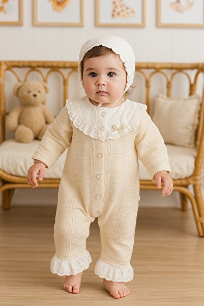 KapsülBebek 100% Cotton Ruffled Lace Collar and Leg Detail Baby Girl Jumpsuit – Special Casual Jumpsuit