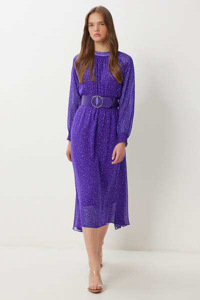 Lovelyİstanbul Φόρεμα σιφόν με μοτίβο με ζώνη LFG0051 ΜΩΒ ΕΚΡΟΥ