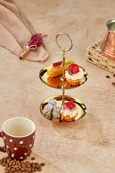 Milenay Palace Gold Two-Tier Snack Bowl, Dessert and Turkish Delight Presentation Bowl