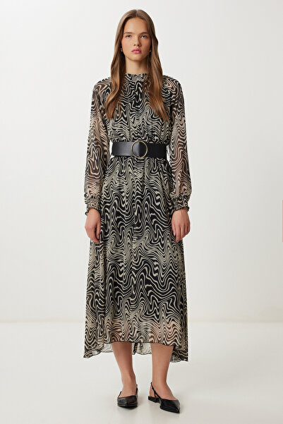 Lovelyİstanbul Φόρεμα σιφόν με μοτίβο με ζώνη LFG0078 ΜΑΥΡΗ ΚΡΕΜΑ