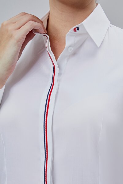 FARQIN Cămașă de damă slim fit din satin de bumbac alb cu lycra ascunsă cu dungi și detaliu de nasturi