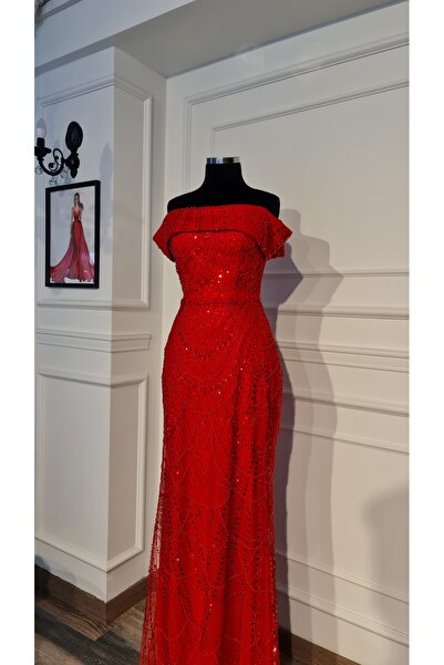 makbuleofficial Kırmızı Boncuklu Kumaştan Balık Kalıp Kına Gecesi,After Party Abiye