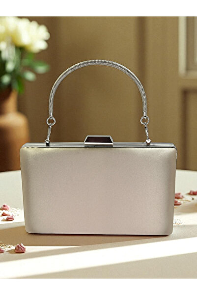 Biçanta Skin Nude Satin Color Silver Detailed Metal Handle Evening Dress Bag Evening Bag Engagement Wedding Bag
