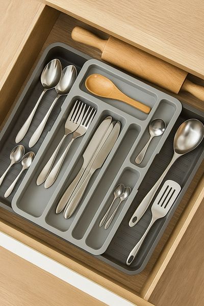 DEYHOME Organizator pentru tacâmuri în sertar – Organizator practic extensibil pe două fețe |   Material durabil
