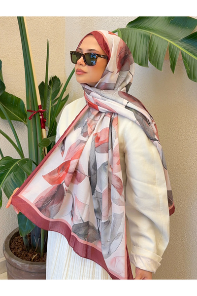 Mira İpek Retro Pattern Cotton Soft Shawl Women Burgundy Khaki Leaf Ps36