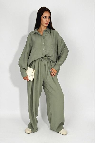 Betimoda Modal țesut, talie elastică, picioare late, buzunare, șnur, pantaloni palazzo, cămașă supradimensionată, set de sus și de jos