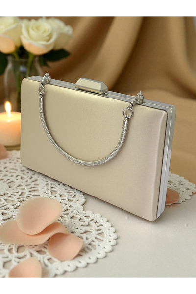 Biçanta Skin Nude Satin Color Silver Detailed Metal Handle Evening Dress Bag Evening Bag Engagement Wedding Bag