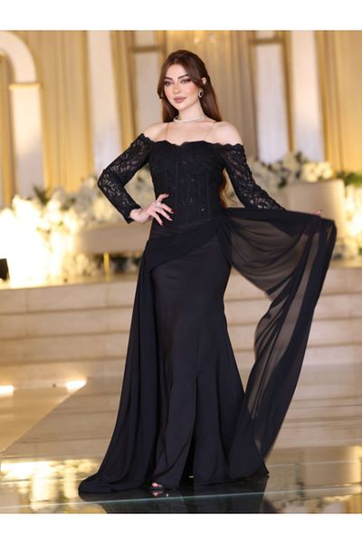 Nice Model Black Lace Off-Shoulder Mermaid Evening Dress with Long Sleeves & Train - Formal Gown