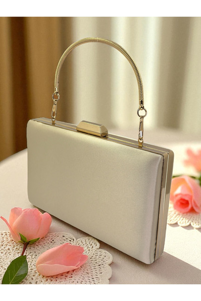 Biçanta Skin Nude Satin Color Gold Detailed Metal Handle Evening Dress Bag Evening Bag Engagement Wedding Bag