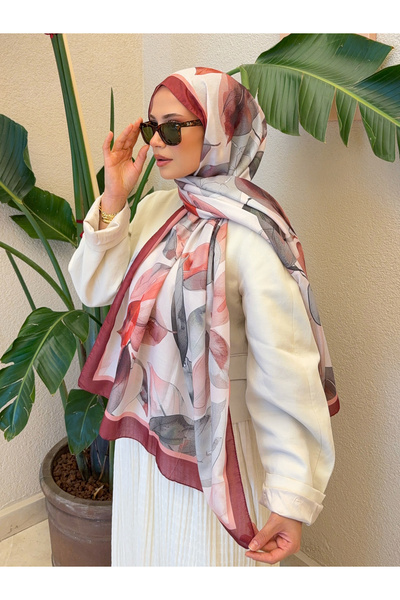 Mira İpek Retro Pattern Cotton Soft Shawl Women Burgundy Khaki Leaf Ps36