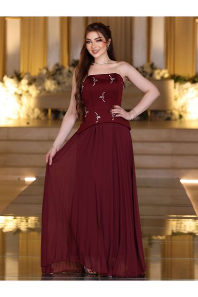 Nice Model Burgundy Strapless Evening Dress with Stone Embellished Bodice & Pleated Chiffon Skirt