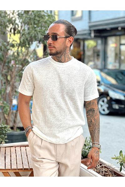manch collection Basic Flam Textured Fabric T-Shirt White