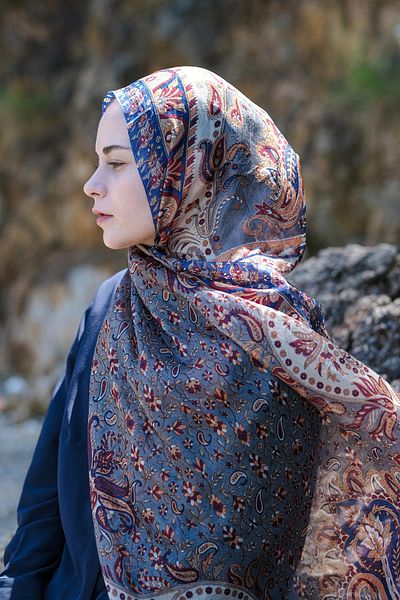 İPEKLİ COUTURE Gray Navy Blue Color Pure Indian Silk Shawl