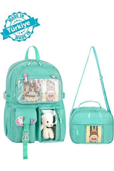 çantamgelsin Kawaii Korean Style Elementary School Backpack and Lunchbox with Accessories Aqua Green 25002