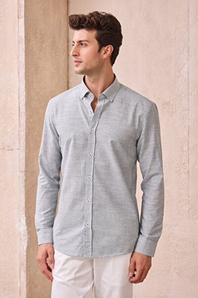 Pietra Paul Erkek İnce Çizgili Pamuk Keten Modern Slim Fit Gömlek
