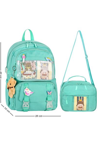 çantamgelsin Kawaii Korean Style Accessory Primary School Backpack Girl and Thermal Insulated Thermos Lunch Bag Set