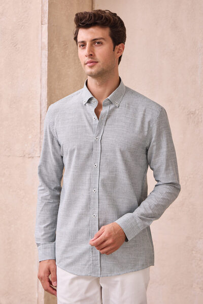 Pietra Paul Erkek İnce Çizgili Pamuk Keten Modern Slim Fit Gömlek
