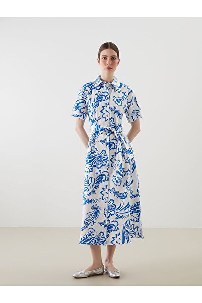 LC Waikiki Lcwaikiki classic blue floral belted shirt dress