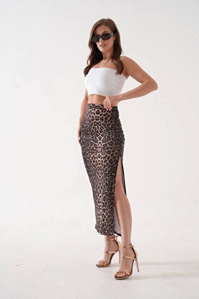 KAZAX Long Slit Slim Fabric Skirt Leopard
