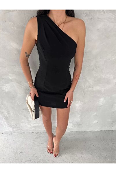 hibiscus One Shoulder Sleeveless Mini Dress - Black