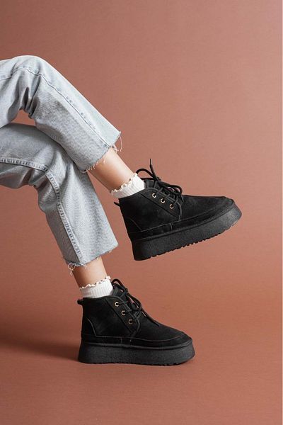 Esilapark Heribo Black Black Suede Women's Woolen Thick-Soled Lace-Up Fur Luxurious Suede Boots