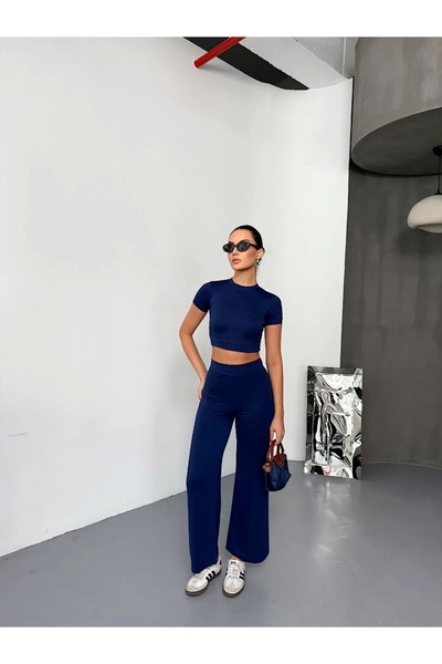 hibiscus Osy Modal Soft Textured Fabric Short Sleeve Crop Bottom Flared Leg Pantalon Double Set - Navy Blue