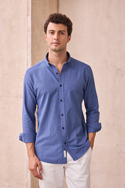 Pietra Paul Men's Slim Fit Slim Fit Buttoned Collar Linen Look 100% Cotton Flared Shirt