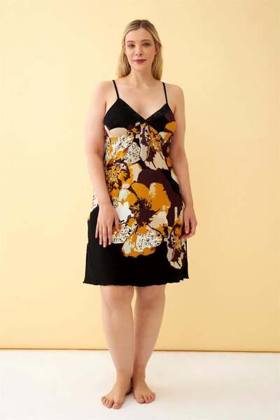 modaserdem Mdsrdm Women's Plus Size Black Floral Patterned Strap Nightdress
