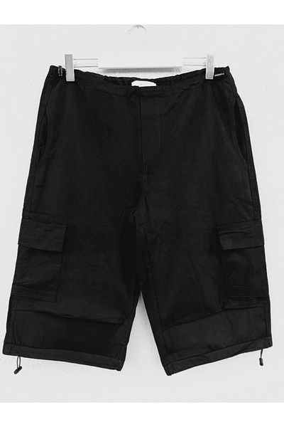 KOTOLOG Unisex Black Gabardine Fabric Cargo Pocket Waist Capri Below Knee with Elastic Legs