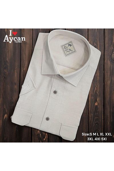 EREN STYLE Linen Linen Classic Short Sleeve Two Pocket Flap White Dad Shirt (Regular Fit)