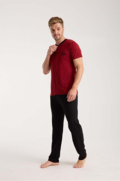 modaserdem Mdsrdm Men's Burgundy Button Collar Short Sleeve Pajama Set