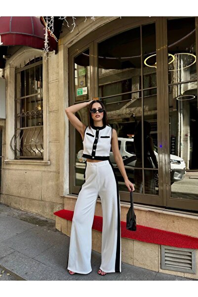 Kadın Beyaz Şerit Detay Sıfır Kol Düğmeli Crop Pantolon Takım
