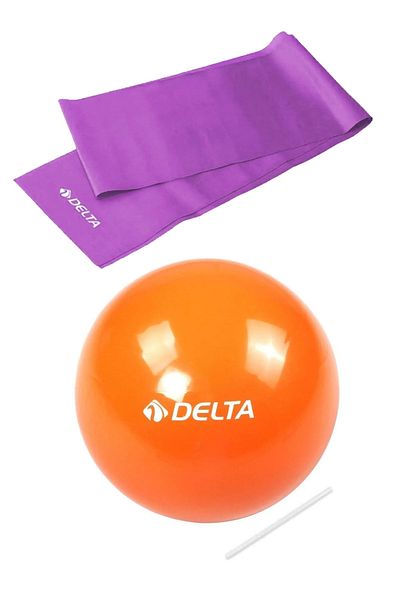 Delta مجموعة كرة بيلاتيس صغيرة مقاس 20 سم وشريط بيلاتيس مقاس 120 × 15 سم شريط مقاومة برتقالي-بنفسجي