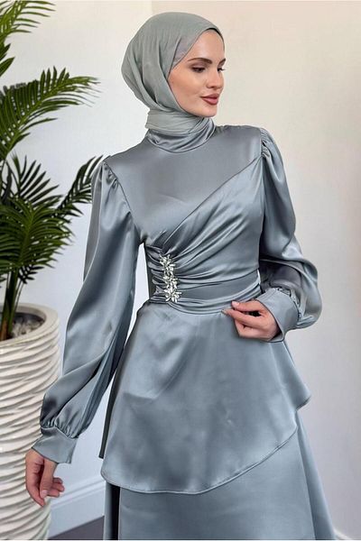 TRENDTESETTÜR Women's Gray Satin Evening Dress t 2730