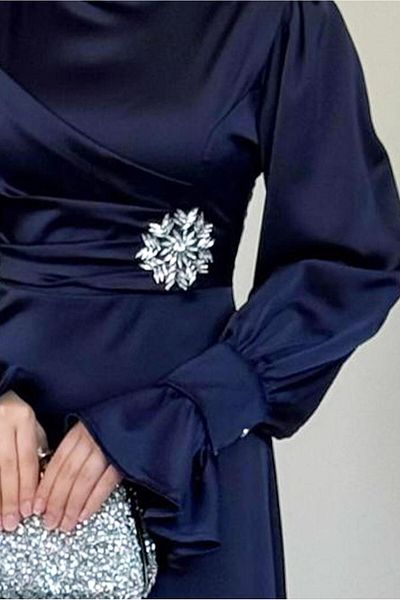 TRENDTESETTÜR Women's Dark Blue Satin Evening Dress t 2205
