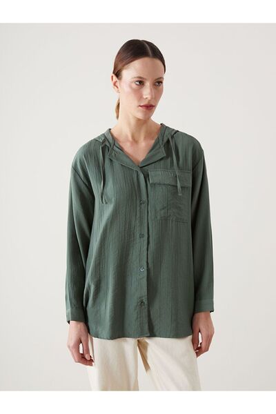 LC Waikiki Lcw Modest Green Hooded Textured Oversize Crinkle Women's Tunic