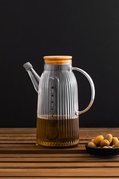 Porsima 2091 Vacuum Scale Borosilicate Glass Oil Pot with Bamboo Lid Oil Pot Vinegar Pot 1000 ml