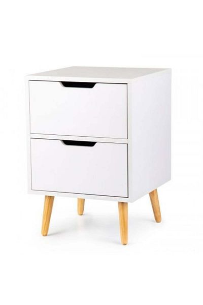 Modern home Noptiera cu 2 sertare si picioare din lemn masiv de pin, 58 x 40 x 40 cm, Modern Home, alba