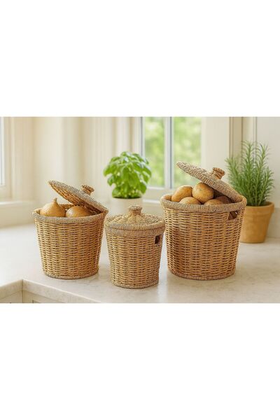 naturelove 3'lü Hasır Kapaklı Patates Soğan Sepeti Seti | Rattan Görünümlü Ço...