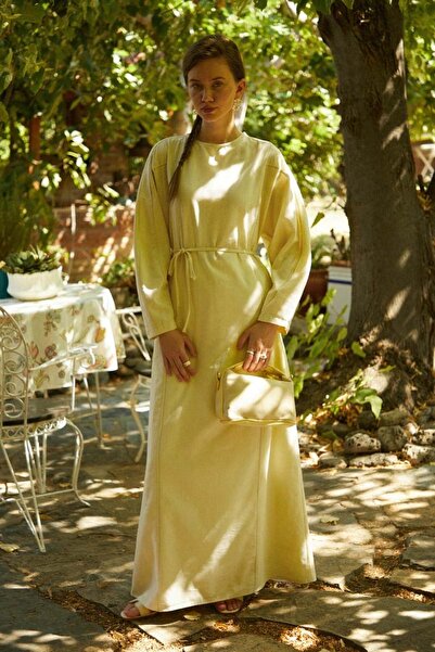 ZÜLAYS Kontrast Dikişli Keten Elbise Tereyağı Sarısı