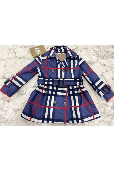 HÇ Hülya Çelik KİDSWEAR 2018 Children's Trench Coat Blue Checkered Trench Coat